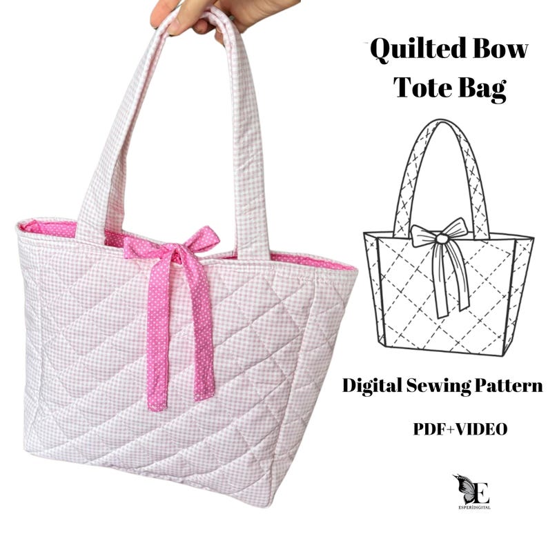 May include: A digital sewing pattern for a quilted tote bag with a bow. The pattern includes a PDF and video instructions. The tote bag is white with pink gingham fabric and a pink bow.