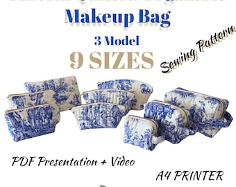 Custom Quilted 9 Sizes Pattern Sewing Organizer Makeup Cosmetic Bag, PDF + Video, Toiletry Bag, Dıy Easy Bag, Handmade Gift,-A4 Prited