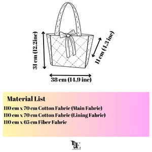 May include: A black and white line drawing of a tote bag with a bow on the handle. The bag is 31 inches tall, 11 inches wide, and 38 inches long. The material list includes 110 cm x 70 cm cotton fabric (main fabric), 110 cm x 70 cm cotton fabric (lining fabric), and 110 cm x 65 cm fiber fabric.