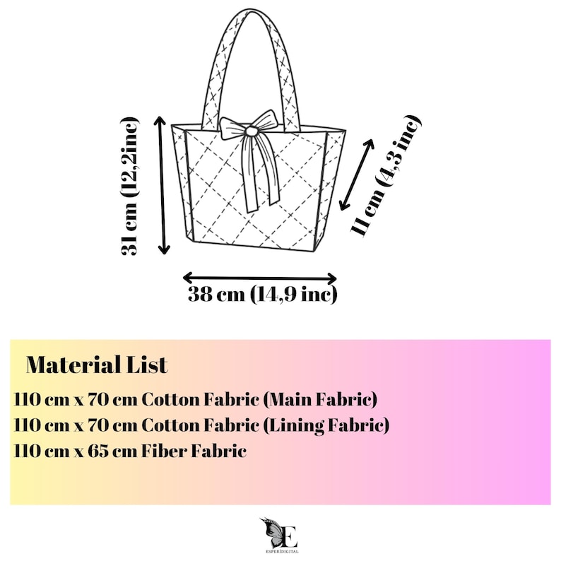 May include: A black and white line drawing of a tote bag with a bow on the handle. The bag is 31 inches tall, 11 inches wide, and 38 inches long. The material list includes 110 cm x 70 cm cotton fabric (main fabric), 110 cm x 70 cm cotton fabric (lining fabric), and 110 cm x 65 cm fiber fabric.