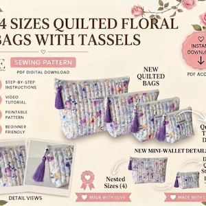 Custom Quilted 4 Sizes Pattern Sewing Makeup Cosmetic Bag, PDF + Video, Sewing Pattern, Toiletry Bag, Dıy Easy Bag, Handmade Gift,-A4 Prited