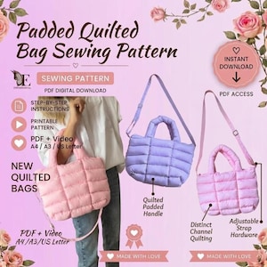 Puede incluir: Un patrón de costura digital para un bolso acolchado, con texto que incluye Padded Quilted Bag Sewing Pattern, Instant Download y PDF Digital Download. La imagen muestra tres bolsos acolchados en rosa y morado claro con asas.
