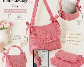 May include: A digital sewing pattern for a Quilted Bow Ruffle Message Bag. The red and white gingham bag features a quilted, padded exterior, a ruffled flap with a bow on each side, and a long shoulder strap. The interior is fully lined.