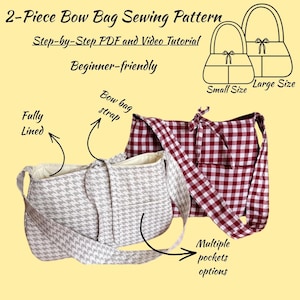 May include: Two bow bags in different sizes, one in a houndstooth pattern and the other in a red and white gingham check. The image includes text that says "2-Piece Bow Bag Sewing Pattern" and "Beginner-friendly". The bags have bow bag straps and multiple pocket options.
