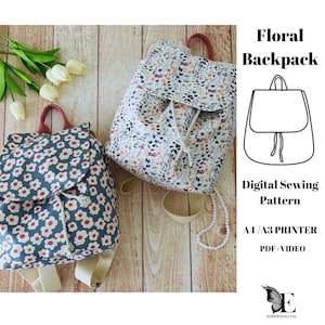 Floral converteerbare rugzakpatroon Sewign-tutorial pdf, video, moedig handgemaakt cadeau, canvas draagtas met zakken, DIY, A4/A3 met opdruk