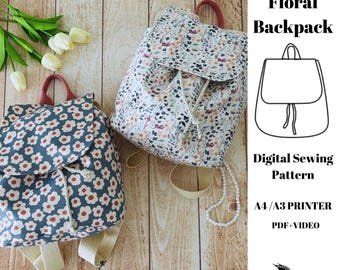 Floral Convertible Backpack Pattern Sewign Tutorial PDF, Video, Valorant Handmade Gift, Canvas Tote Bag With Pockets, DIY, A4/A3 Prited
