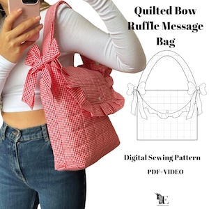 May include: A red and white gingham quilted tote bag with a ruffle trim and a large bow. The bag has a digital sewing pattern with instructions and a video tutorial. The pattern includes a quilted bow ruffle message bag.