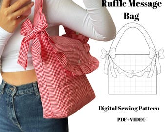Quilted Bow Ruffle Messenger Bag - PDF Sewing Pattern and Video - Handmade Bag - Valorant Gift - Cute Large Bag - A4 Sıze Pattern -