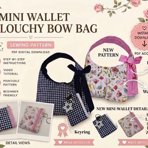 Pode incluir: Um molde de costura para uma mini carteira e uma bolsa com laço, apresentando uma bolsa xadrez preta e branca com laço preto e uma bolsa floral com laço rosa. Inclui vistas detalhadas de carteiras com zíper e um porta-chaves.