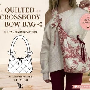Può includere: Un cartamodello digitale per una borsa a tracolla trapuntata con fiocco, con il testo QUILTED CROSSBODY BOW BAG, DIGITAL SEWING PATTERN, INSTANT DOWNLOAD, A4/US LETTER PRINTER, PDF + VIDEO e MADE WITH LOVE. Include un disegno al tratto della borsa.