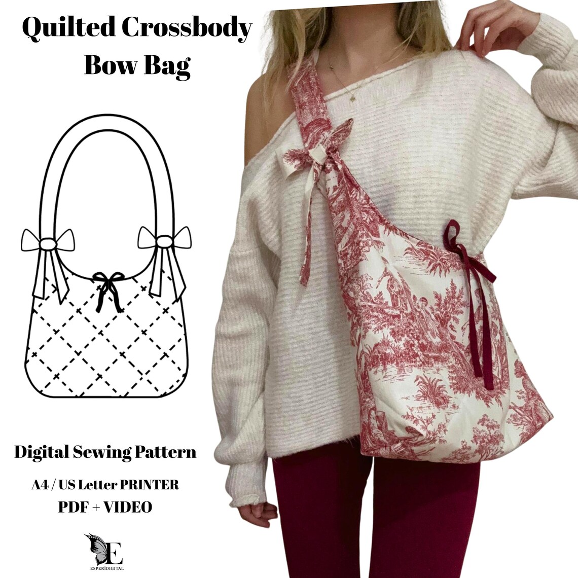 Quilted Crossbody Bow Bag Sewing Pattern PDF, Vintage Cottagecore ...