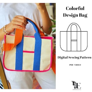 Patron de couture de sac design coloré, PDF et vidéo, sac fourre-tout en toile porté épaule, cadeau fait main, grand sac imprimé A3