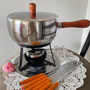 Fondue Set - Midcentury Sleek Stainless Steel Fondue Server Pot