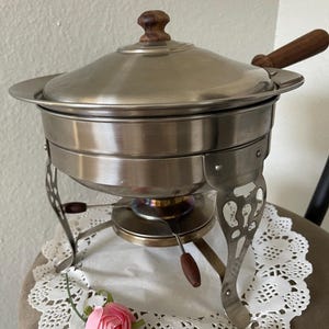 Vintage Fondue Set - Midcentury Sleek Stainless Steel Fondue Server Pot