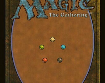 May include: A Magic: The Gathering card back with a brown background and a blue oval border. The card back has five colored dots in a circle pattern: white, green, blue, red, and black.