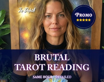 May include: A woman with long blonde hair is holding a spread of tarot cards. The text on the image reads "Brutal Tarot Reading Same Hour - Detailed" and "Promo" with five stars.