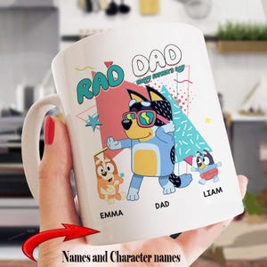Funny Bluey Rad Dad Mug – Personalized Coffee Cup for Father’s Day 2025 – Custom Gift for Him from Kids – Cool Cartoon Dad Mug