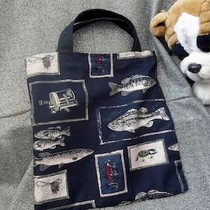 Library Book Lunch Gift Tote Bag, Fisherman&#39;s Catch Black Handles Print