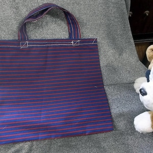 Library Book Lunch Gift Tote Bag, Dark Blue with Red Stripes Print