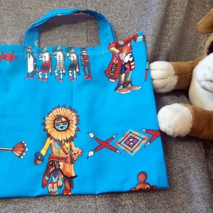 Book Lunch N Small Gift Tote Bag, Southwestern indian Dancers on Turquoise Print