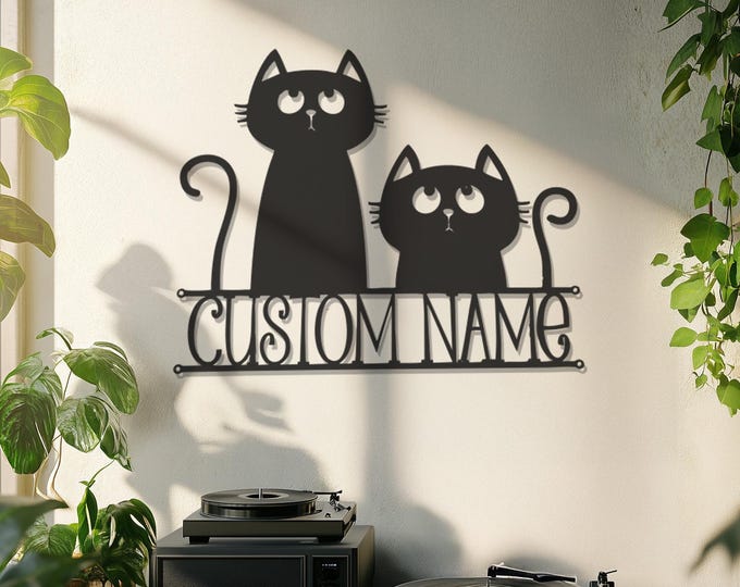 Custom Cat Name Metal Wall Art, Two Cats Wall Sign, Personalized Pet Decor for Cat Lovers, Cute Feline Home Gift, Kitty Room Wall Hanging