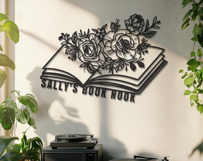 Custom Book Nook Metal Wall Art, Floral Book Decor for Readers, Personalized Reading Corner Sign, Book Lover Gift, Literary Wall Hanging