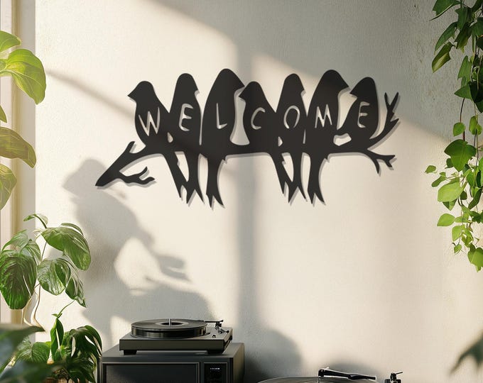 Welcome Birds Metal Wall Art, Nature-Inspired Entryway Sign, Rustic Bird Branch Welcome Decor, Modern Home & Garden Wall Metal Wall Hanging