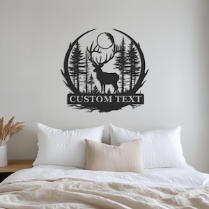 Arte de pared de metal personalizado con letrero de ciervo y bosque, pared de metal con ciervos y bosque, arte de pared de animales, personalizado, regalo para amantes de la vida silvestre