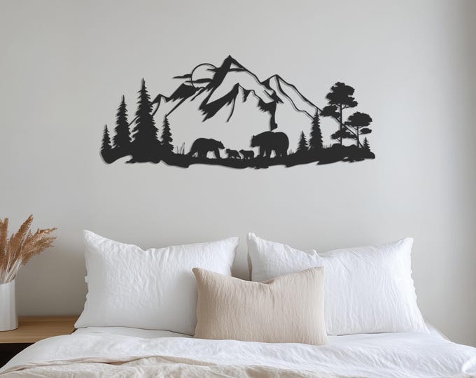 Bear Metal Wall Art, Wildlife Metal Wall Decor, Tree and Bears Decor, Mountain Wall Decor, Mountain Forest Wall Hanging, Father's Day Gift