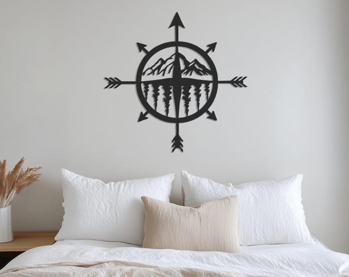 Compass with Mountain Metal Wall Art, Compass Metal Wall Art, Metal Mountain Compass Wall Decor, Mountain Metal Wall Sign, Father's Day Gift
