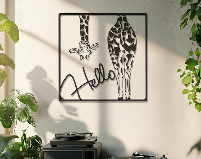 Giraffe and Hello Metal Wall Art, Fun Door Entrance Decor, Playful Metal Wall Hanging, Unique Gift for Animal Lovers, Cute Home Decor