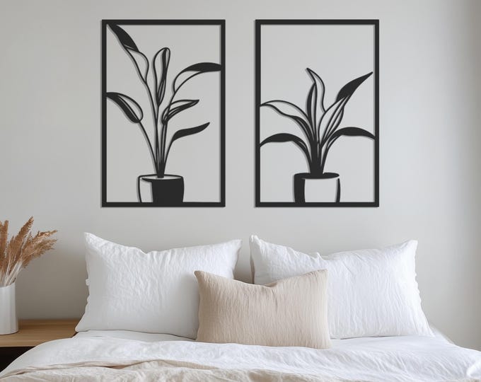 Set of 2 Plant Metal Wall Decor, Plant Metal Wall Art, Metal Wall Decor, Minimalist Wall Decor, Room Decor, Father's Day Gift, Gift for Home