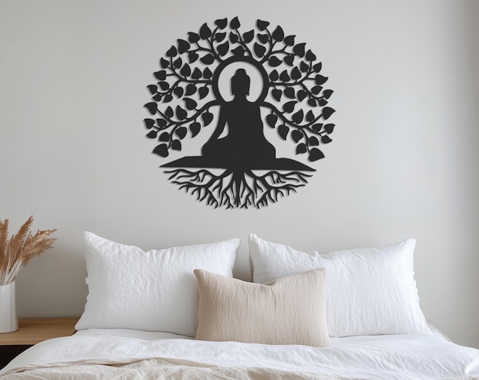 Buddha Metal Wall Art, Buddha and Tree of Life, Yoga Decor Wall Hanger, Theta Healing Life, Yoga Decor Wall Hanger, Father's Day Gift, 777