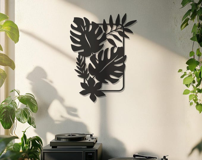 Botanical Metal Wall Art - Tropical Leaf Wall Hanging, Modern Nature Decor, Minimalist Monstera Metal Sign, Boho Jungle Metal Home Accent