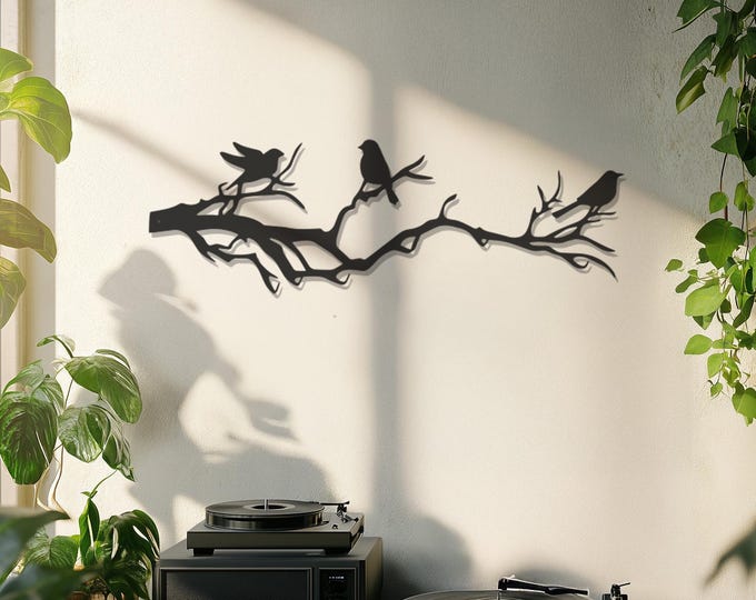 Bird Silhouettes on Tree Branch Metal Wall Art, Nature-Inspired Decor, Elegant Wall Hanging, Unique Gift for Bird Lovers, Rustic Wall Decor