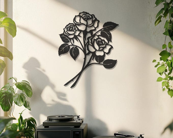 Rose Bouquet Metal Wall Art, Elegant Botanical and Floral-Themed Decor, Perfect for Homes, Bedrooms, or Gift Ideas, Available in Sizes