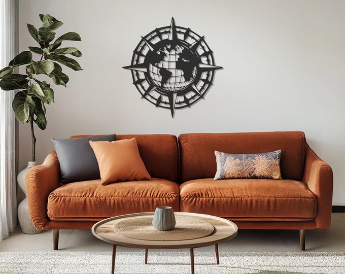 Compass World Map Metal Wall Art, Globe Metal Wall Art, Metal Wall Decor, Metal Wall Hangings, Home Decor, Father's Day Gift, Gift for Home