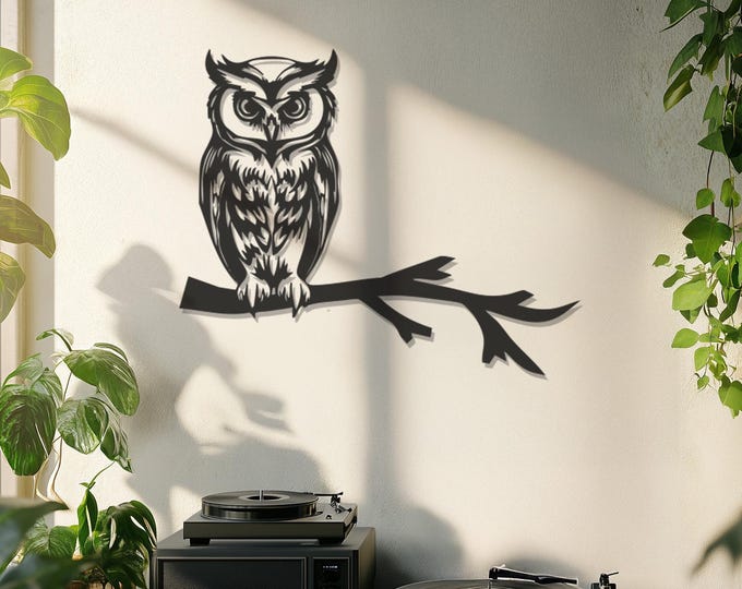 Owl on Branch Metal Wall Art, Rustic Forest Animal Decor, Nature Inspired Owl Wall Hanging, Woodland Wildlife Metal Sculpture