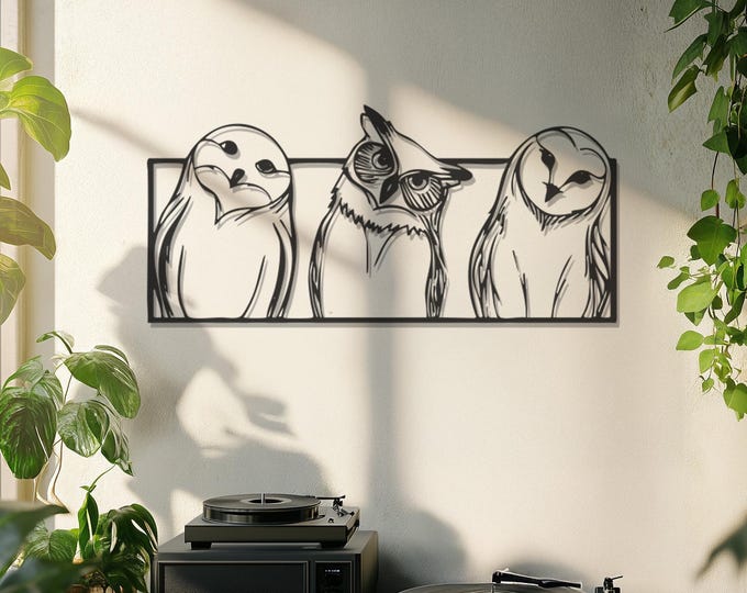 Three Owls Metal Wall Art, Minimalist Owl Trio Wall Decor, Boho Rustic Bird Wall Hanging, Nature-Inspired Modern Metal Sculpture