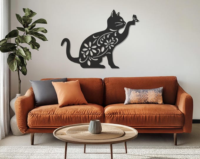Metal Cat with Butterfly Wall Art Decor, Minimalist Cat Metal Wall Art, Metal Cat Wall Art Decor, Father's Day Gift, Gift for Cat Lovers