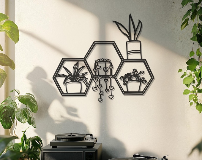 Hexagon Plant Metal Wall Art, Modern Line Art Wall Decor, Large Wall Art, Botanical Home Accent, Indoor Plant Wall Hanging, Nature Decor