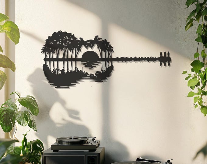Guitar Shaped Landscape Shadow Metal Decor, Guitar Metal Wall Art, Landscape Shadow Metal Decor, Music Themed Wall Decor, Modern Home Decor