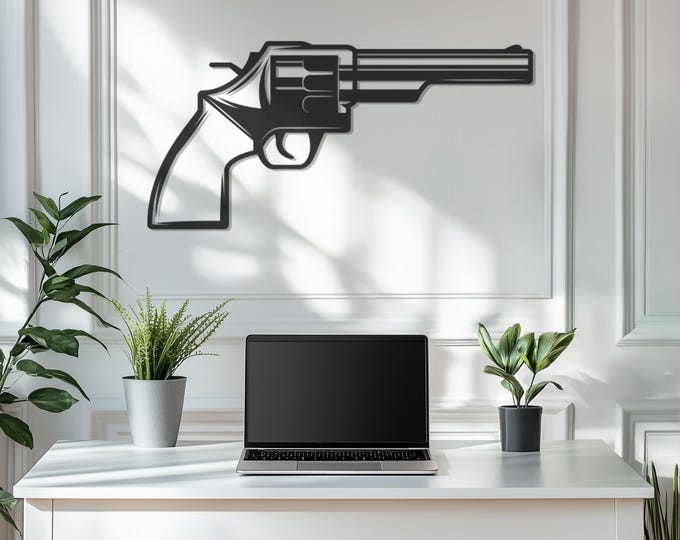 Gun Metal Wall Art, Large Wall Art, Firearm Decor, Western Revolver Wall Hanging, Rustic Man Cave Decoration, Vintage Pistol Home Accent