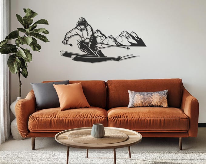 Skiing Metal Wall Art, Large Wall Art, Winter Sports Decor, Modern Snowboarder Wall Hanging, Unique Ski Resort Home Accent, Metal Wall Decor