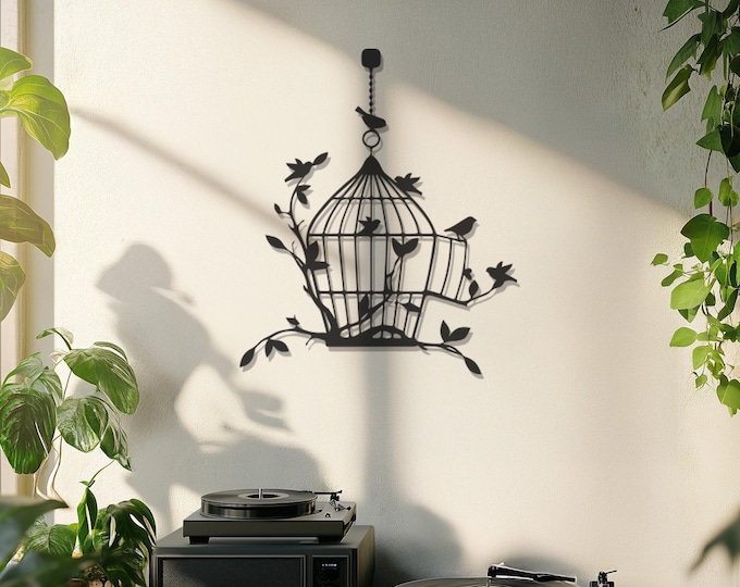 Birdcage Metal Wall Art, Minimalist Outdoor Wall Decor, Bird-Themed Metal Art, Elegant Metal Design for Patios and Gardens, Metal Wall Decor