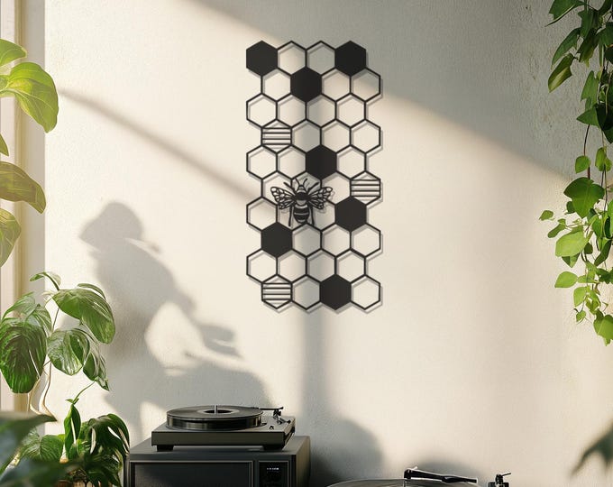 Bee and Honeycomb Metal Wall Art, Large Outdoor Patio Decor, Modern Honeybee Metal Wall Hanging, Garden and Nature Inspired Metal Artwork
