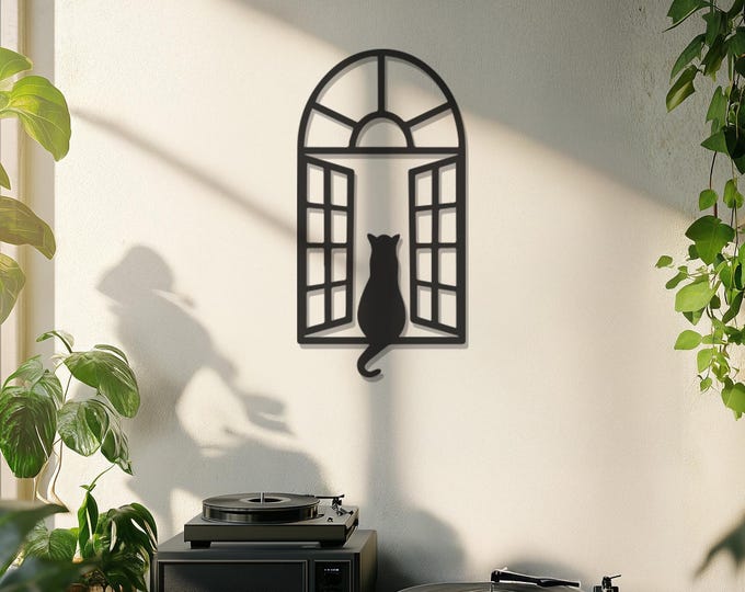 Cat in Window Metal Wall Art, Cat Metal Wall Art, Metal Wall Art, Metal Wall Hangings, Father's Day Gift, Gift for Home, Gift for Cat Lovers