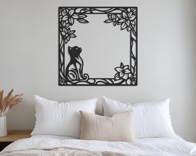 Flower Metal Wall Decor, Cat Metal Wall Decor, Floral Home Decor, Cute Cat Metal Wall Art, Father's Day Gift, Gift for Home, Cat Lover Gift
