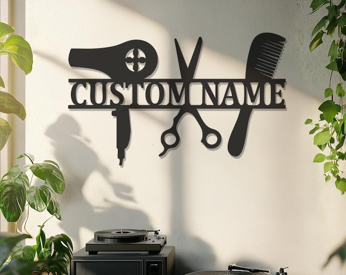 Hair Stylist Name Metal Wall Art, Salon Decor with Scissors and Dryer, Custom Barber Shop Sign, Hairdresser Gift, Beauty Room Decor