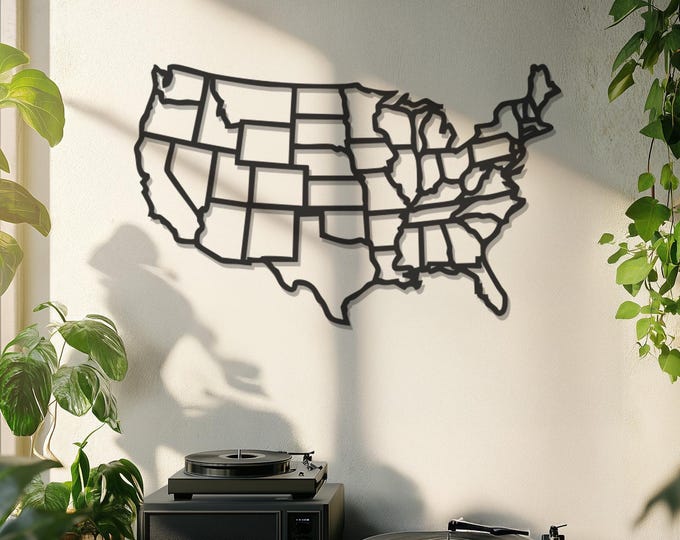 USA Map Metal Wall Art, Minimalist United States Wall Decor, Modern Travel Map, Rustic Office Wall Hanging, American States Metal Sign